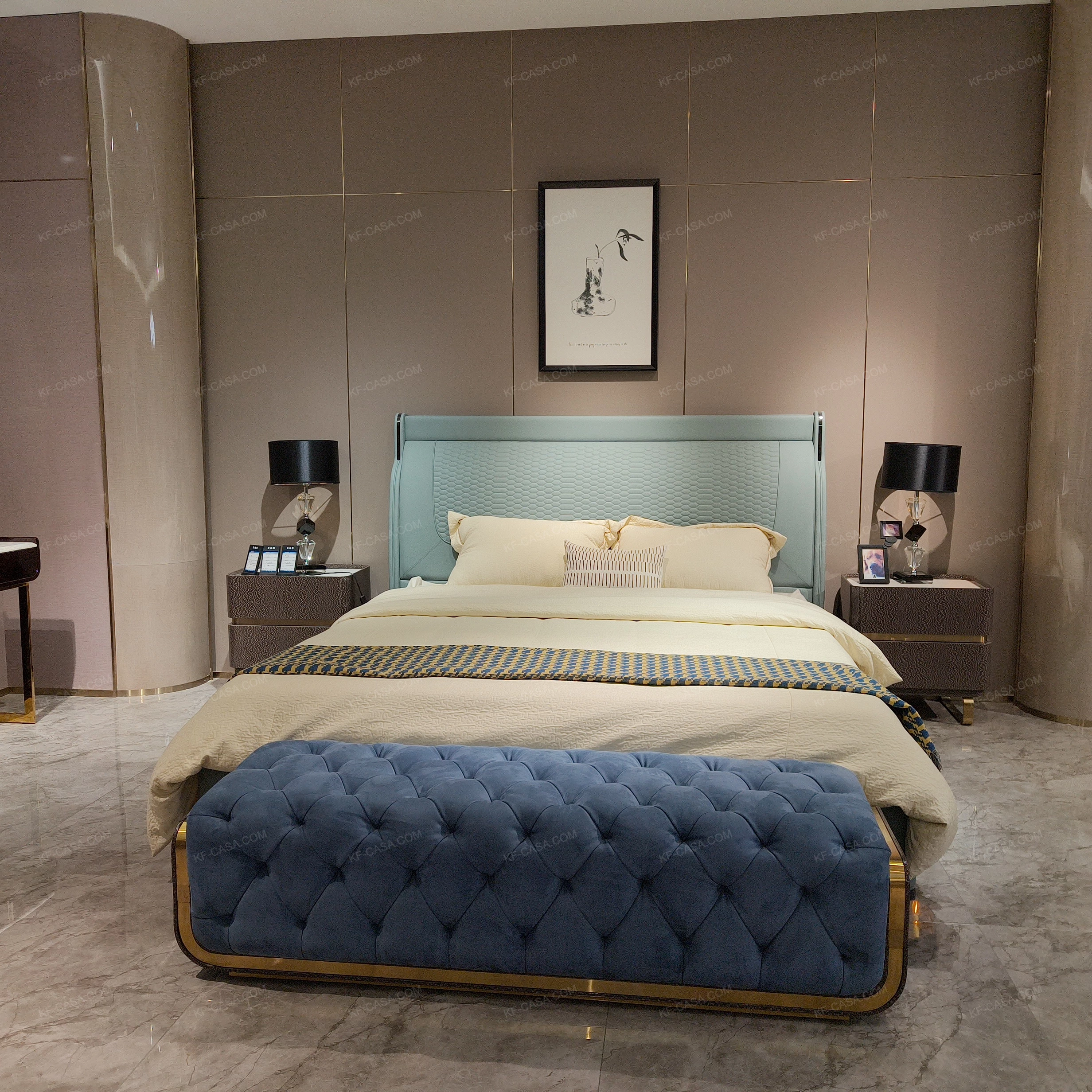 Mint Green Upholstered Bed with Textured Stitching & Modern Silhouette